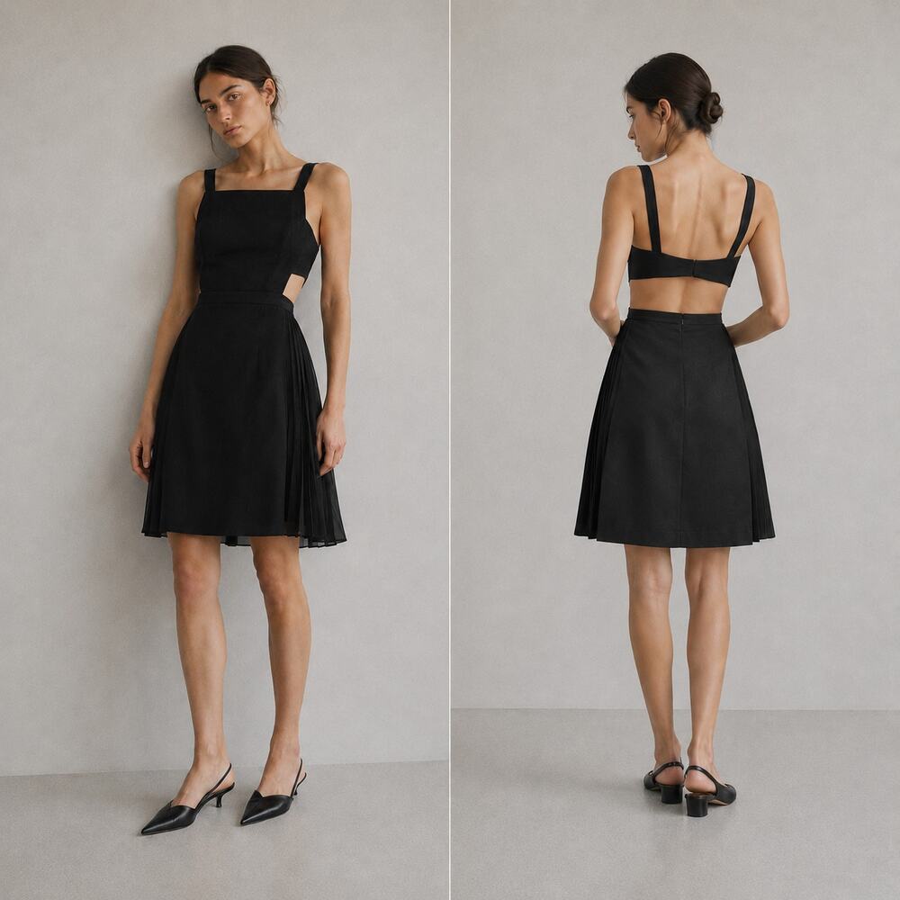 BCBGMaxAzria Brielle Sleeveless Mini Dress Womens 4 Black Open Back Pleated
